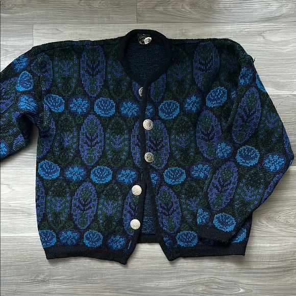 Norvyk Sweaters - Vintage Norvyk by Ren-Dale Knit Virgin Wool Cardigan with Blue and Green Pattern